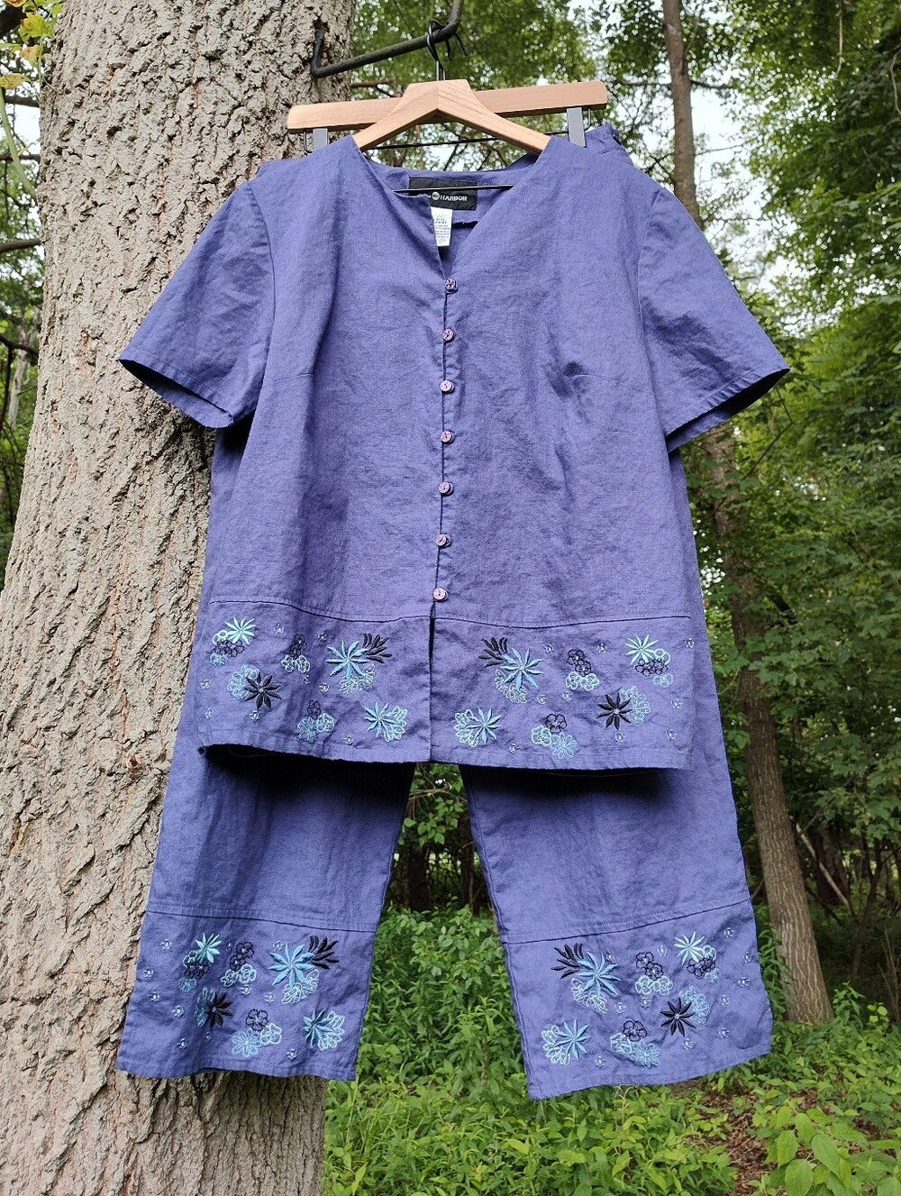 Dark Purple Linen Set 2 Piece Shirt Pants Embroidered Lagenlook Sz L Sag Harbor